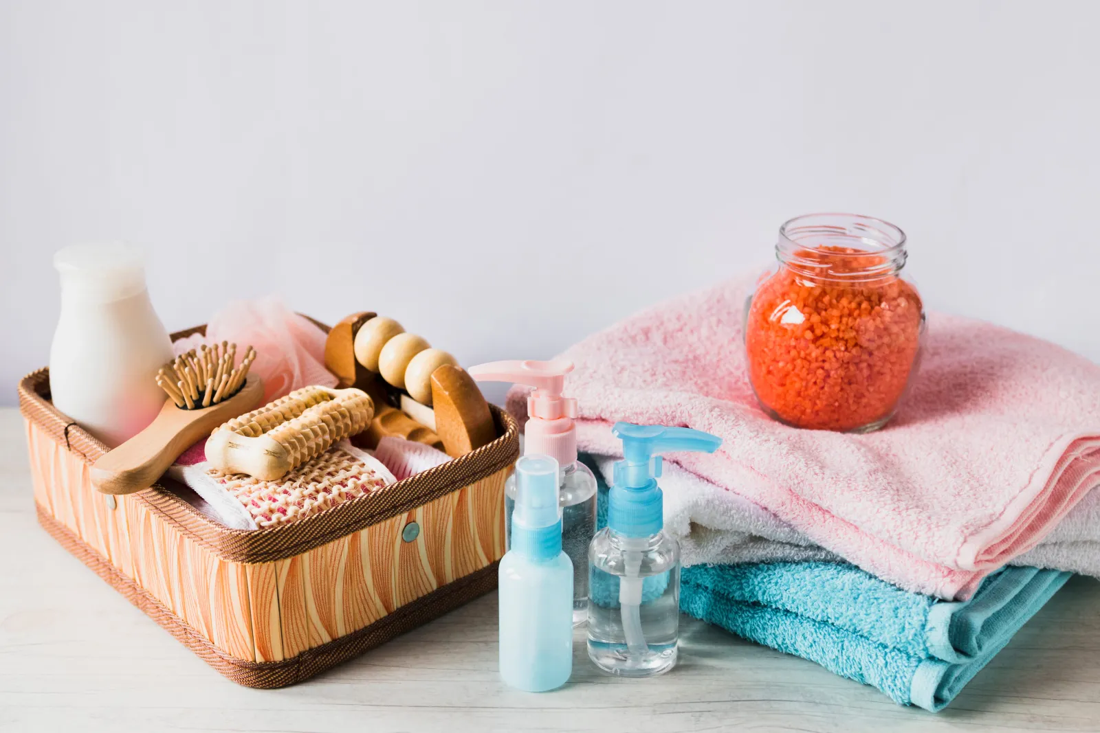 Beauty products arranged as a lifestyle product display